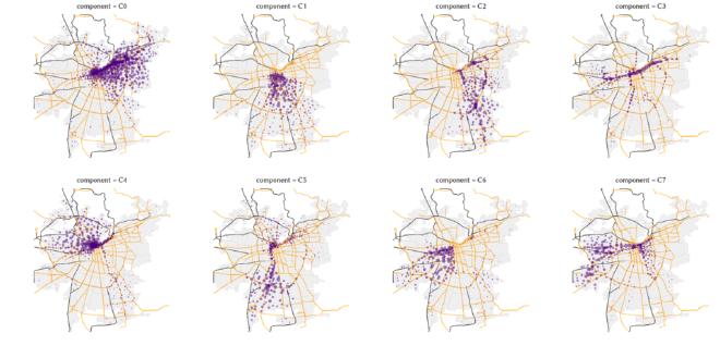 Cada burbuja púrpura representa a una torre de telefonía, y su tamaño representa su importancia o asociación a cada ciudad oculta. Es posible que una torre esté asociada a múltiples ciudades, dado el flujo de personas a través de ellas.