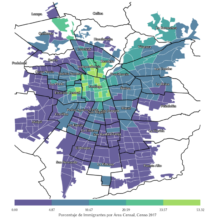 Distribución de la Población Inmigrante en Santiago. Generado en Python con los datos del Censo 2017.