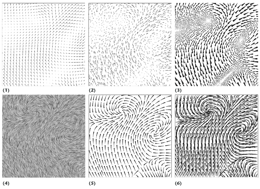 Formas de visualizar campos y flujos dentro de éstos. Fuente: R. Moorhead et al, “<em>Visualization Research Challenges: A Report Summary</em>,” in Computing in Science & Engineering, vol. 8, pp. 66-73, 2006.