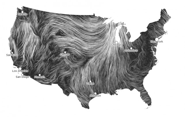 Mapa en tiempo semi-real del viento en los Estados Unidos.