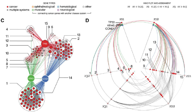 Fuente: Krzywinski et al, Hive plots—rational approach to visualizing networks.