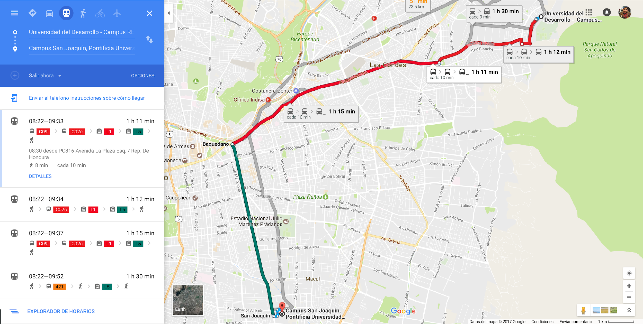 Respuesta de Google Maps a: ¿Cómo llegar desde la UDD hasta la PUC?