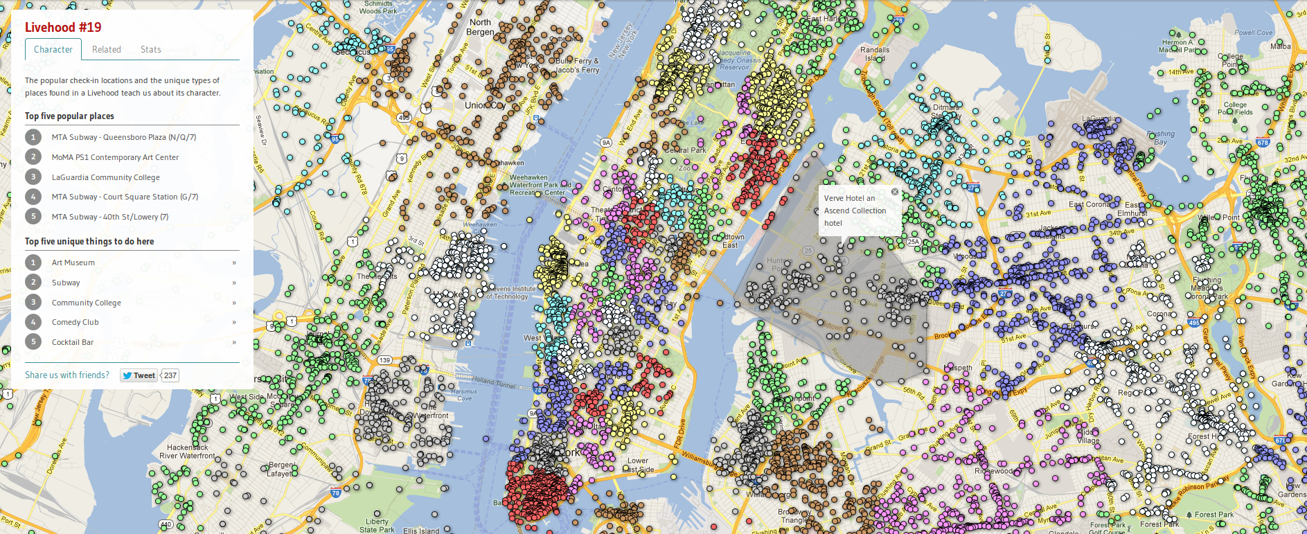 Los &ldquo;barrios vivos&rdquo; (livehoods) de Nueva York de acuerdo a datos de Foursquare. Al cliquear un barrio, se despliega la envolvente convexa que lo delimita.