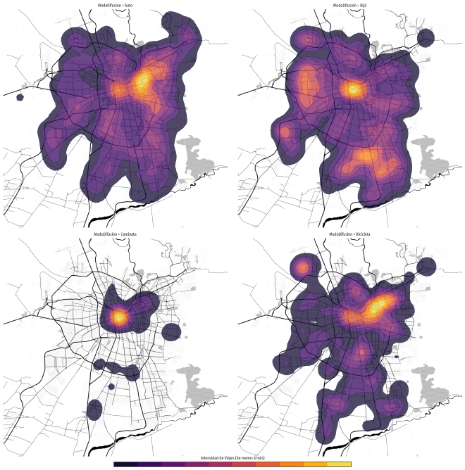 Una visualización implementada con aves: un mapa de calor de viajes en Santiago a partir de la Encuesta Origen Destino 2012.