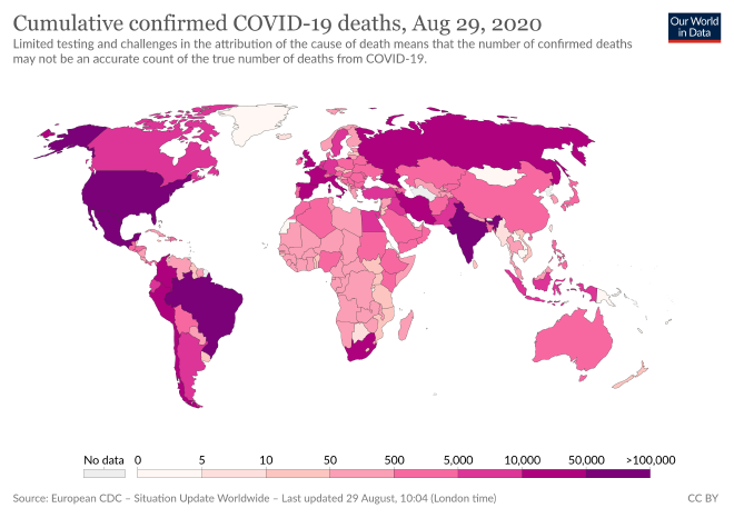 Total de muertes asociadas a COVID-19 al 29 de Agosto de 2020. Fuente: Our World in Data.