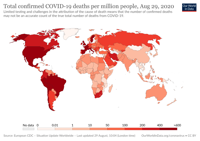 Tasa de muertes asociadas a COVID-19 cada 1M de habitantes al 29 de Agosto de 2020. Fuente: Our World in Data.
