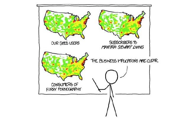 Texto original de la tira: &ldquo;Mapas de perfiles geográficos que son básicamente mapas de población.&rdquo; Fuente: XKCD.