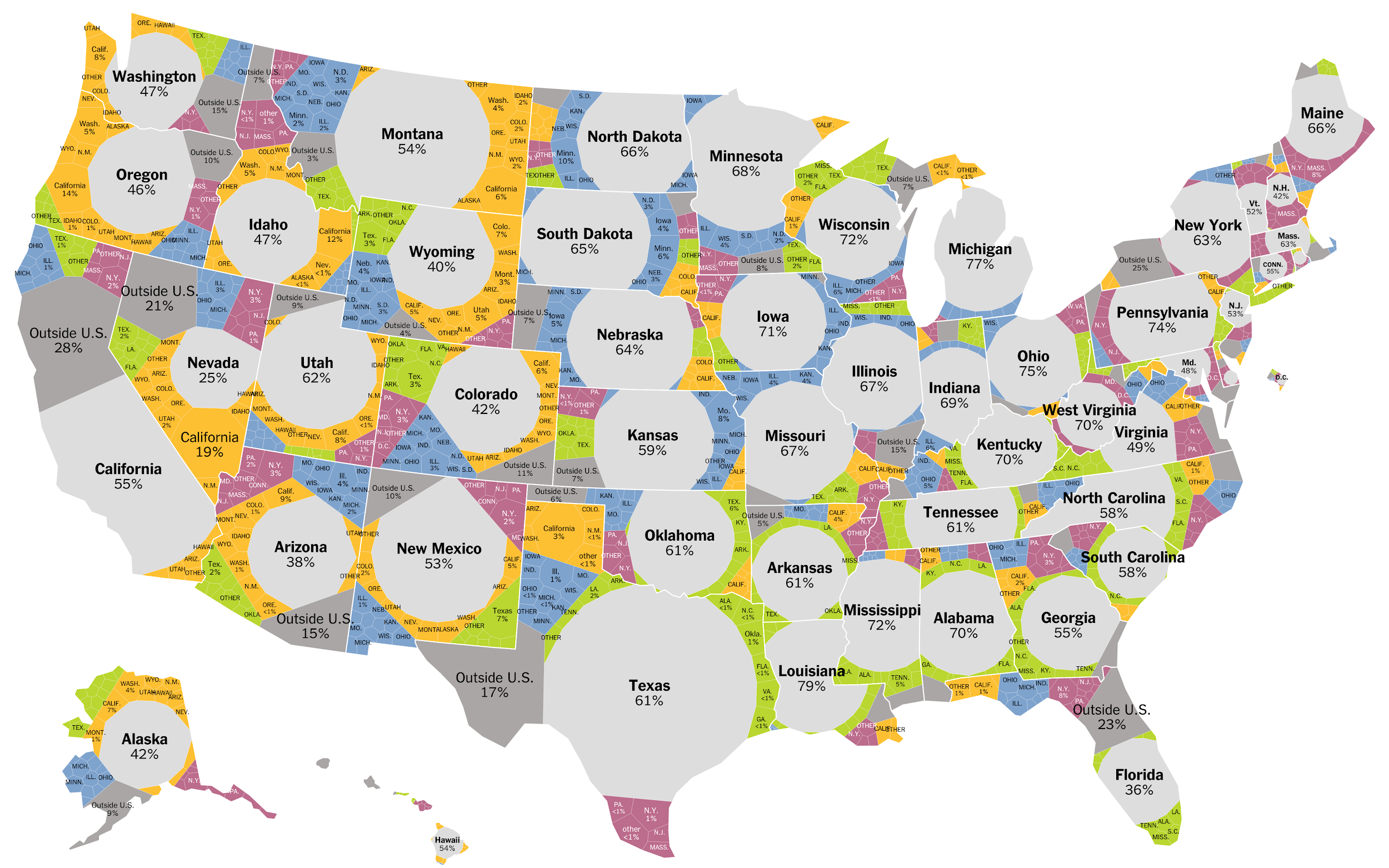 &ldquo;Mapping Migration in the US,&rdquo; un ejemplo de visualización mixta de mapas y voronoi_treemap. Fuente: New York Times.