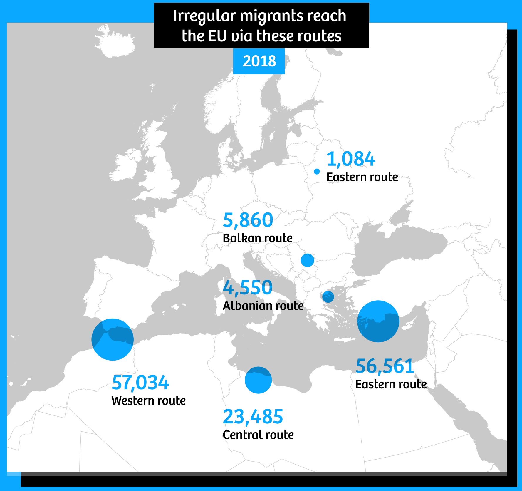 Mapa sobre la inmigración irregular en Europa, versión neutral. Fuente: The Correspondent con datos de Frontex.