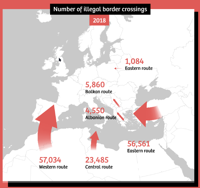 Mapa sobre la inmigración irregular en Europa, versión sesgada hacia una vista negativa del fenómeno. Fuente: The Correspondent con datos de Frontex.