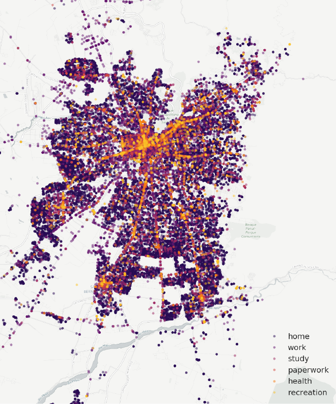 Puntos de destino de los viajes reportados en la Encuesta Origen-Destino de Santiago.Imágenes de fondo: ©OpenStreetMap contributors, ©CartoDB.