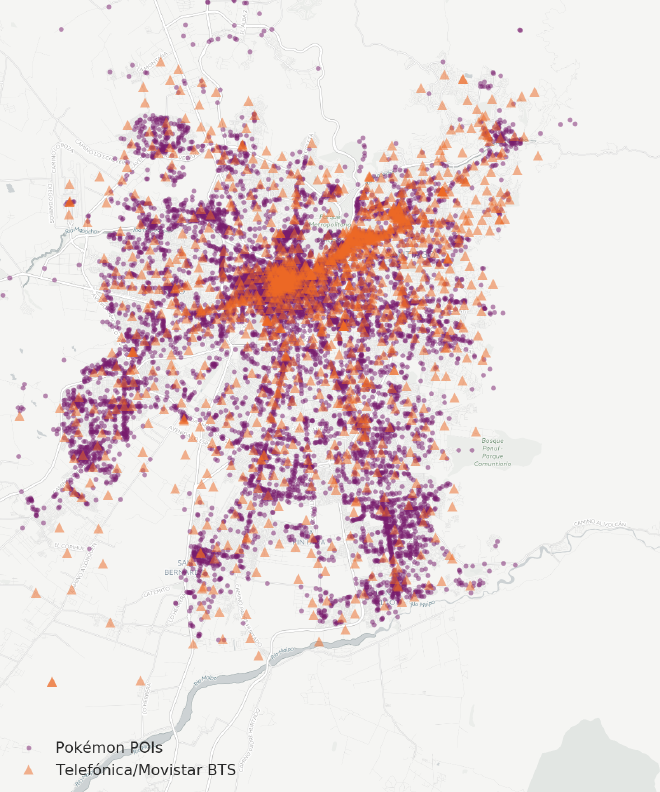 Puntos Pokémon y torres de telefonía. Imágenes de fondo: ©OpenStreetMap contributors, ©CartoDB.