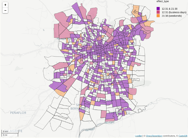 Cada área es coloreada de acuerdo al siguiente criterio: si presentó más personas en la calle a las 12:31, a las 21:38, o bien en ambos instantes horas. Si el efecto fue muy pequeño o incluso negativo, el área no se colorea.