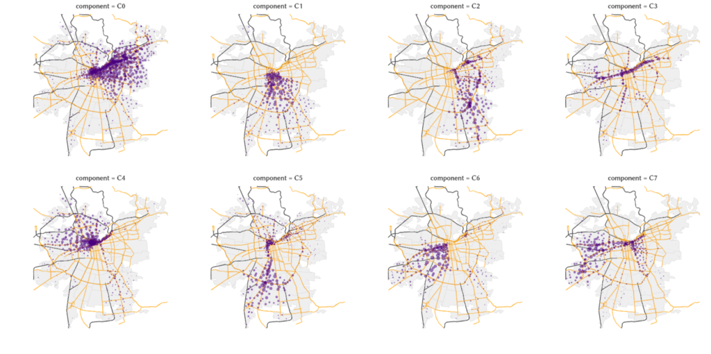 Cada burbuja púrpura representa a una torre de telefonía, y su tamaño representa su importancia o asociación a cada ciudad oculta. Es posible que una torre esté asociada a múltiples ciudades, dado el flujo de personas a través de ellas.