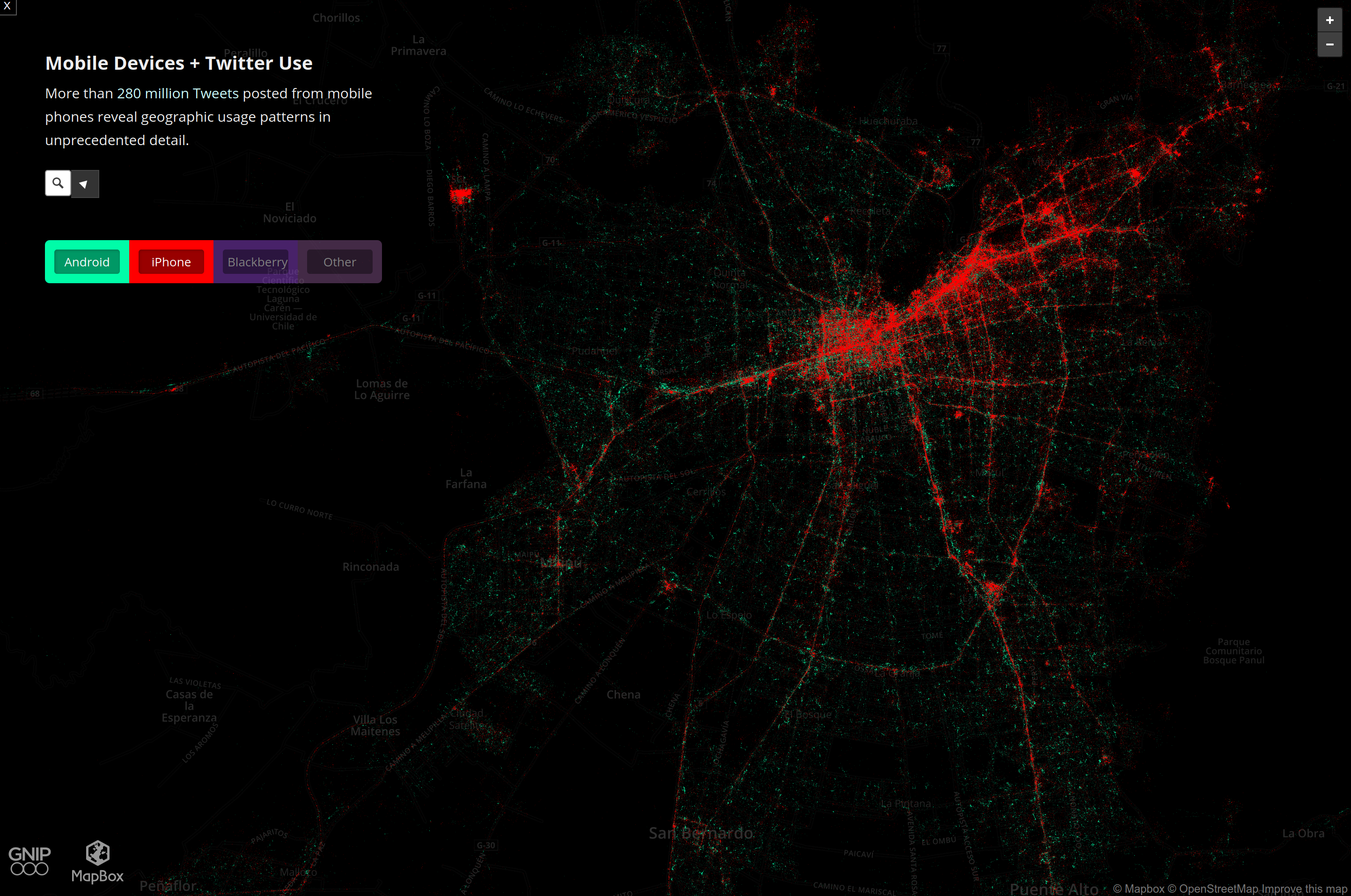 Usuaries de Android e iPhone en Santiago. Fuente: MapBox.