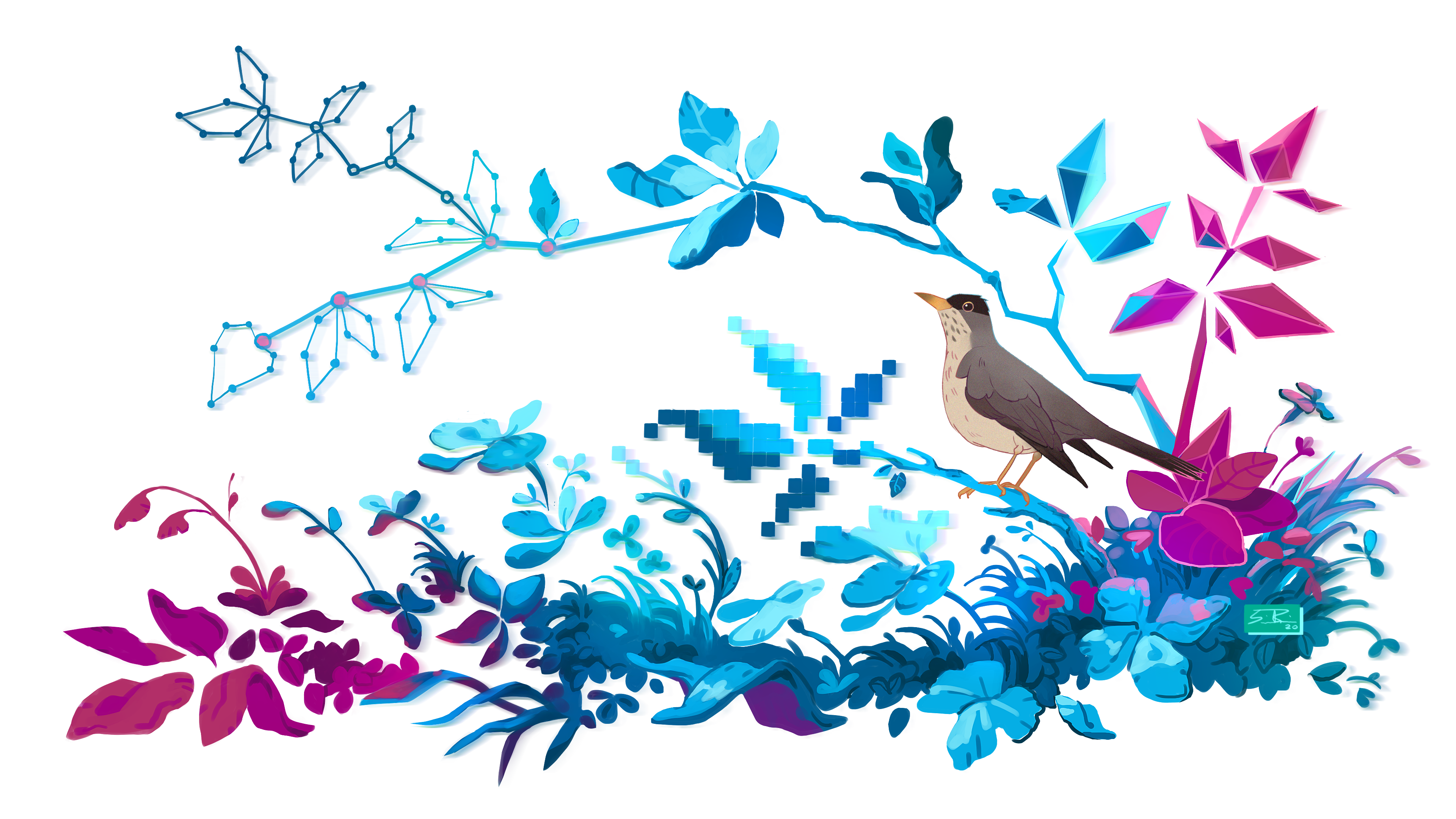 Ilustración de pájaros en el mundo de los datos