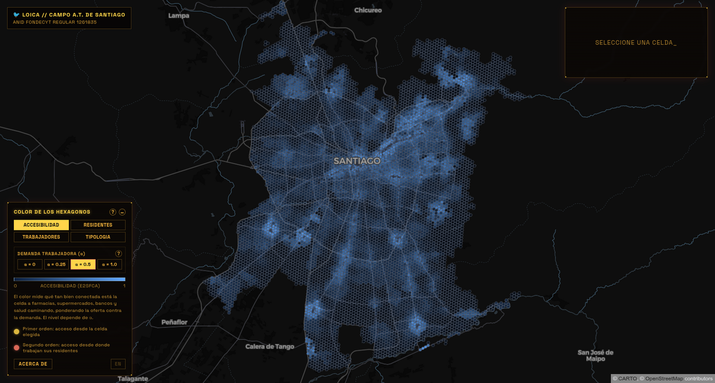 Interfaz de Campo A.T. de Santiago, con cada hexágono coloreado según su accesibilidad caminable a servicios cotidianos.
