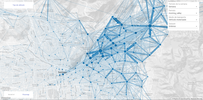 Sistema Super-Fly para visualizar viajes entre orígenes/destinos de Santiago.